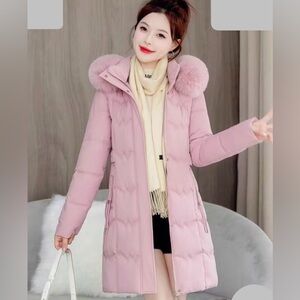 Women's Pink Puffer Coat with Fur Hood